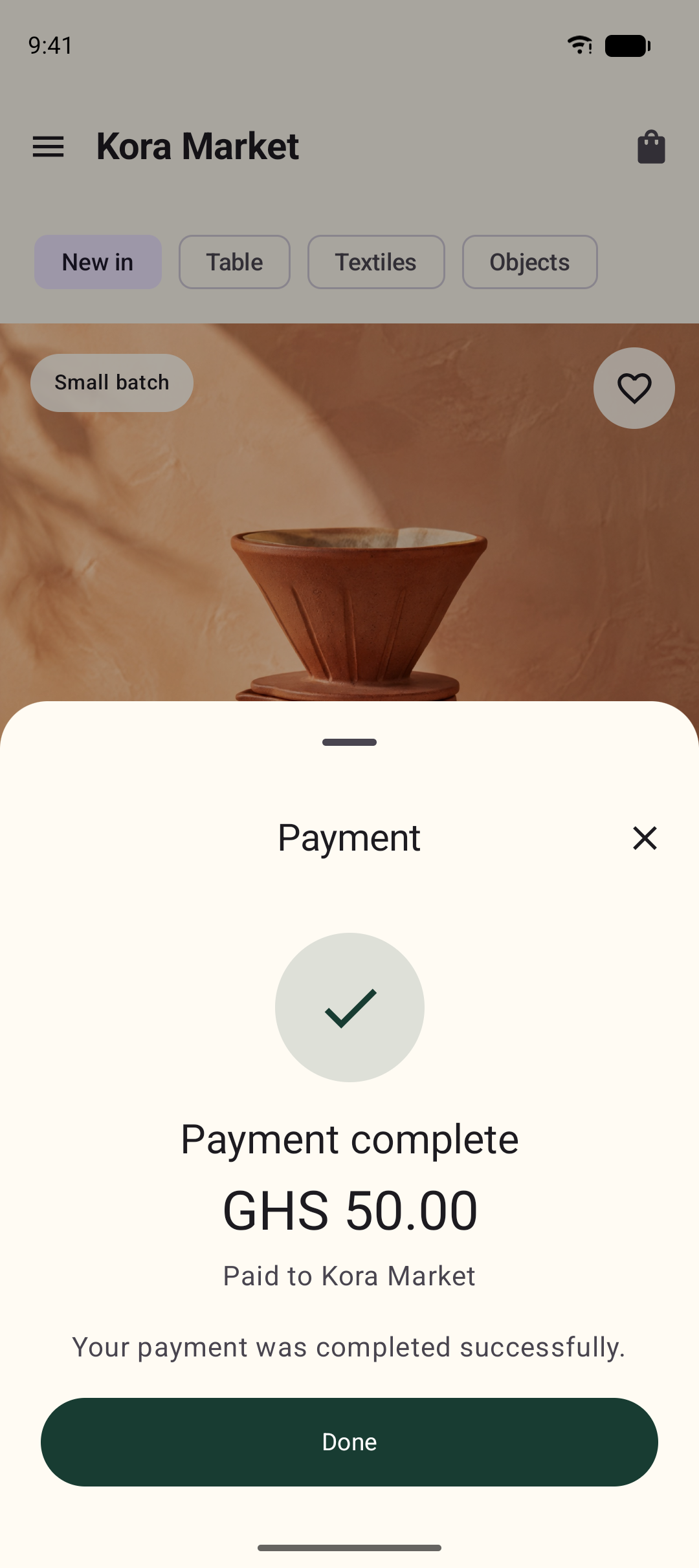 Native Inttegro payment sheet on Android confirming a completed GHS 50 Mobile Money payment to Kora Market.