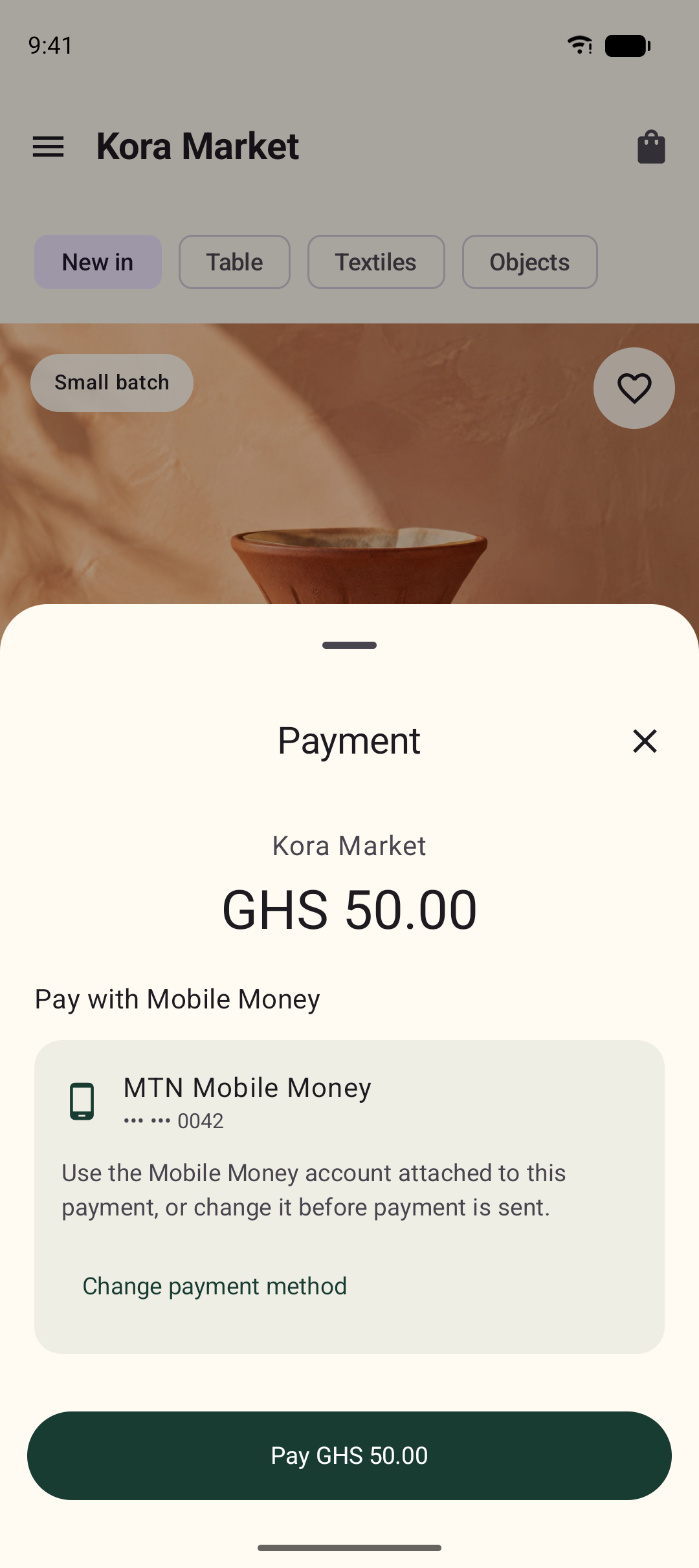 Native Inttegro payment sheet on Android, showing Kora Market, GHS 50, and an attached MTN Mobile Money account.